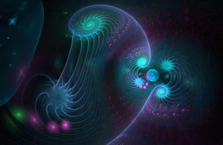 Beautiful color shape of a tornado spiral galaxy in deep space. Twists magnetic field. Bright abstract cover design, digital artwork for creative graphic. Computer generated Fractal curve 3D design.の写真素材