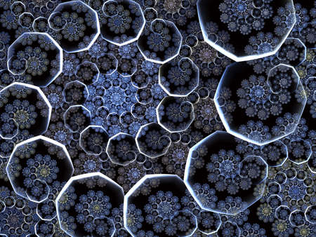 Fractal snow flakes. Winter background with snowflakes forming spiral patterns on blue background