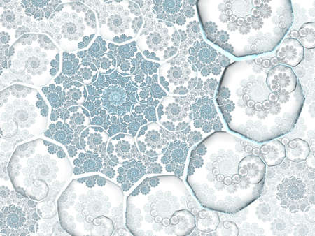 Fractal snow flakes. Winter background with snowflakes forming spiral patterns on blue background
