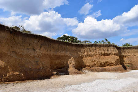 Precipice coast near the sea. The clay cliff on the seashore. Visiting stunning sandy beach. Blue...