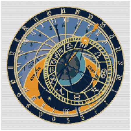 Prague Astronomical Clock in Prague, Old Town City Hall. Czech Republic. Illustration of cross stitch embroidery. Imitation of knitted canvas structure. Fabric decor, beautiful cross-stitchの写真素材