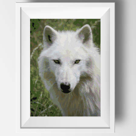 Portrait of a white wolf. Illustration of cross stitch embroidery. Imitation of knitted canvas structure. Framed fabric decor, beautiful cross-stitch, hand embroidered, needleworkの写真素材