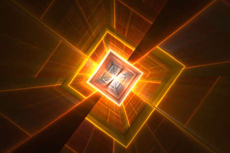 A neon green kaleidoscope square shape pattern background. Abstract square tunnel. Technology tunnel - fractal background for art projects. Fractal artの写真素材