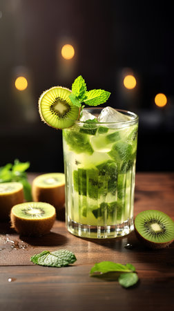 A Kiwi Mojito cocktail, a refreshing twist on the classic mojito. This vibrant drink features muddled kiwi, fresh mint leaves, lime juice, and sparkling water, all beautifully presented in a tall glassの素材