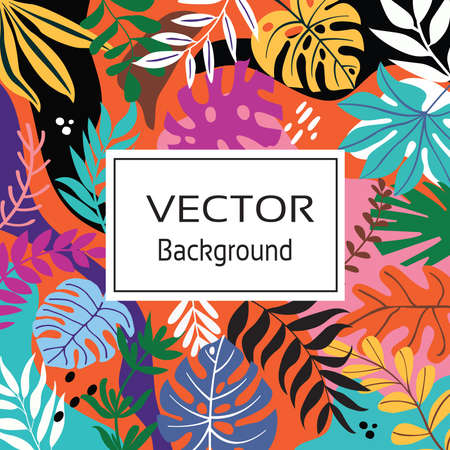 Color splash abstract background for design. Design banner frame. Colorful background with tropical plants. Place for your text.の写真素材