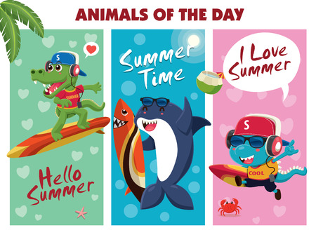 Vintage summer food poster design with vector crocodile, shark, dinosaur & surfboard characters.のイラスト素材
