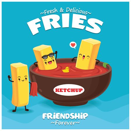 Vintage Summer poster with french fries, chips character.のイラスト素材