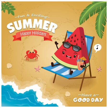 Vintage Summer poster with watermelon character, beach chair, palm tree.のイラスト素材