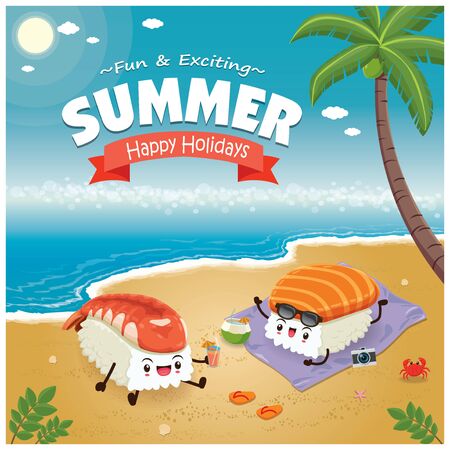 Vintage Summer poster with sake, ebi sushi character, palm tree.のイラスト素材
