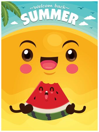Vintage summer poster design with vector sun, watermelon & sunglasses characters.のイラスト素材
