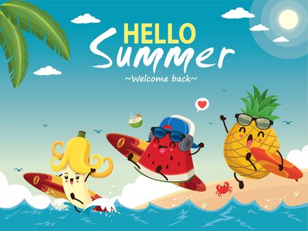 Vintage summer poster design with vector watermelon, banana, pineapple & surfboard characters.のイラスト素材