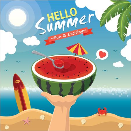 Vintage summer poster design with vector watermelon & sunglasses characters.のイラスト素材