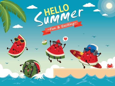 Vintage summer poster design with vector watermelon & surfboard characters.のイラスト素材