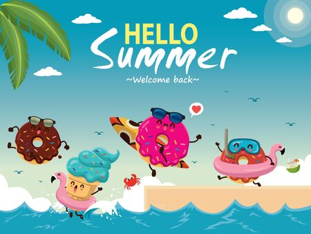 Vintage summer poster design with vector donuts characters.のイラスト素材