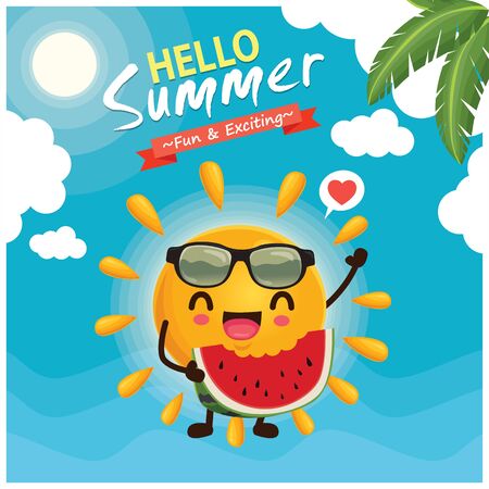 Vintage summer poster design with vector sun, watermelon & sunglasses characters.のイラスト素材