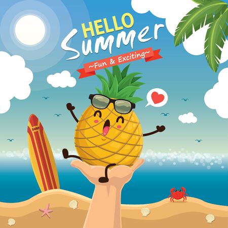 Vintage summer poster design with vector pineapple & sunglasses characters.のイラスト素材