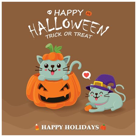 Vintage Halloween poster design with vector witch cat character.のイラスト素材