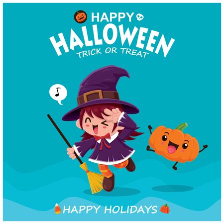 Vintage Halloween poster design with vector witch character.のイラスト素材