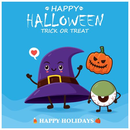 Vintage Halloween poster design with vector hat, eyeball character.のイラスト素材
