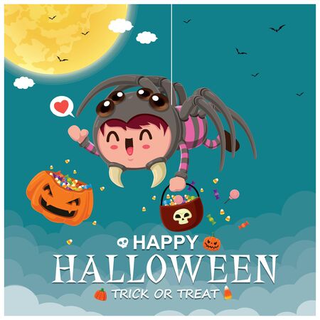 Vintage Halloween poster design with vector demon spider & ghost character.のイラスト素材