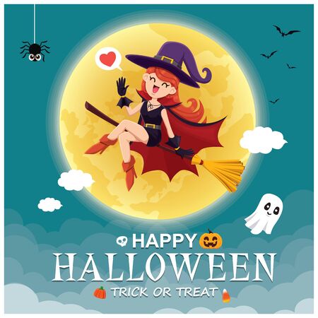 Vintage Halloween poster design with vector witch, pumpkin, ghost, spider character.のイラスト素材