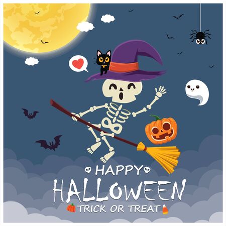 Vintage Halloween poster design with vector skeleton, witch, ghost, pumpkin character.のイラスト素材