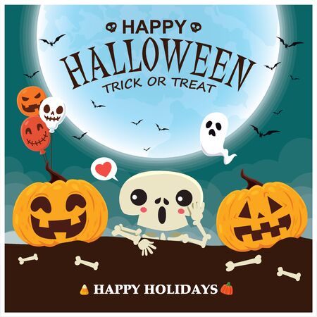 Vintage Halloween poster design with vector skeleton, ghost, pumpkin character.のイラスト素材