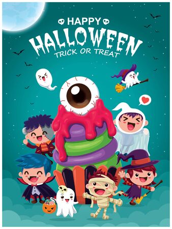 Vintage Halloween poster design with witch, vampire, mummy, cupcake & ghost character.のイラスト素材