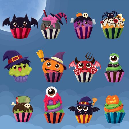 Vintage Halloween poster design with vector witch, potion pot, spider, monster, demon, eyeball, zombie, Jack O Lantern cupcake character.のイラスト素材
