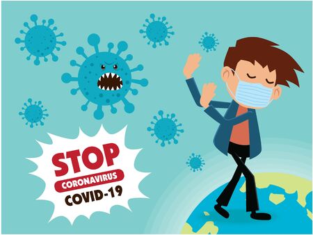 Vector cartoon hero character fighting with virus. COVID-19 Novel Coronavirus illustation.のイラスト素材