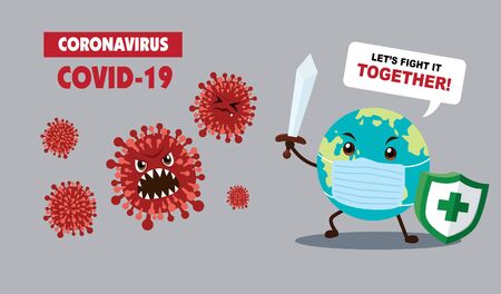 Vector cartoon hero character fighting with virus. COVID-19 Novel Coronavirus illustation.のイラスト素材