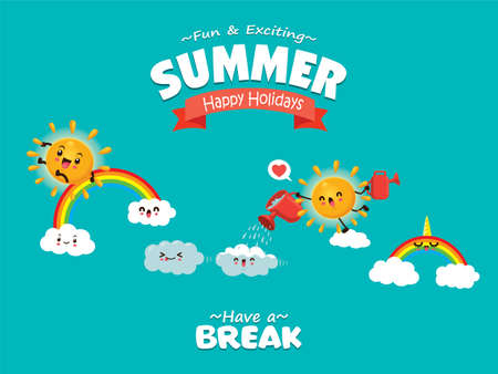 Vintage summer poster design with vector sun, clouds, rainbow characters.のイラスト素材