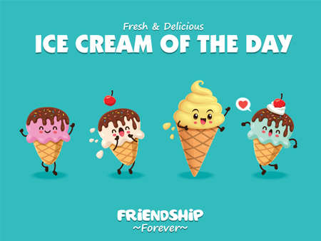 Vintage poster design with vector ice cream characters.のイラスト素材