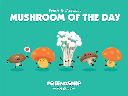 Vintage food poster design with vector mushroom character set.のイラスト素材