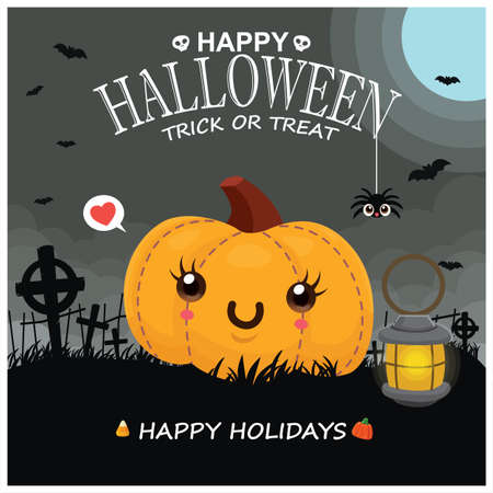 Vintage Halloween poster design with vector pumpkin, spider, bat character.のイラスト素材