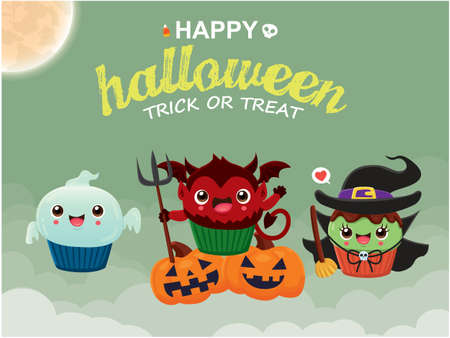 Vintage Halloween poster design with vector witch, demon, ghost, cat cupcake character.のイラスト素材
