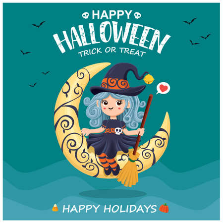 Vintage Halloween poster design with vector witch character.のイラスト素材