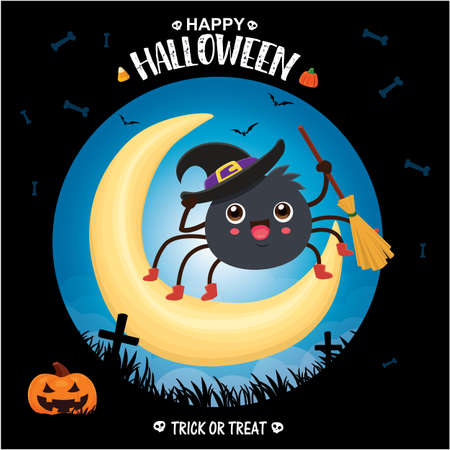 Vintage Halloween poster design with vector spider witch character.のイラスト素材