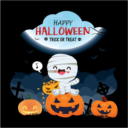 Vintage Halloween poster design with vector mummy, bat character.のイラスト素材