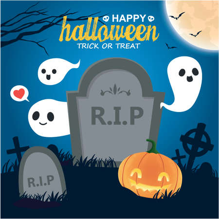 Vintage Halloween poster design with vector jack o lantern and ghost character.のイラスト素材
