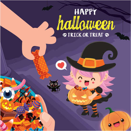 Vintage Halloween poster design with vector witch, cat character.のイラスト素材