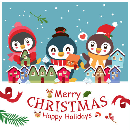 Vintage Christmas poster design with vector penguin, snowman, reindeer, Santa Claus characters.のイラスト素材