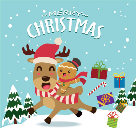 Vintage Christmas poster design with vector tree, gingerbread man, reindeer character.のイラスト素材