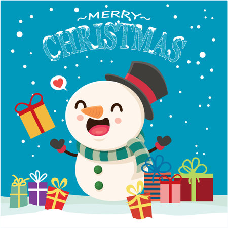 Vintage Christmas poster design with vector snowman character.のイラスト素材