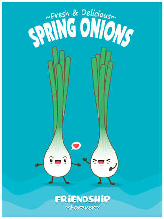 Vintage food poster design with Spring onions character.のイラスト素材