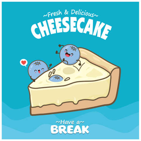 Vintage food poster design with cheesecake and blueberry character.のイラスト素材