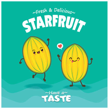 Vintage food poster design with starfruit character.のイラスト素材