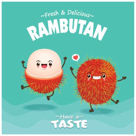 Vintage food poster design with Rambutan character.のイラスト素材