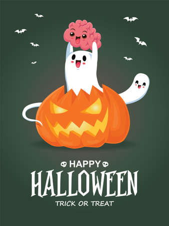 Vintage Halloween poster design with vector ghost, jack o lantern character.のイラスト素材