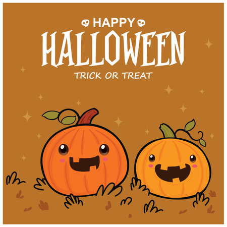 Vintage Halloween poster design with vector pumpkin, jack o lantern character.のイラスト素材